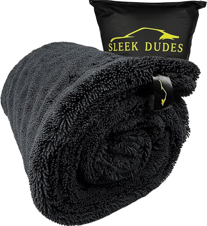 Sleek Max Dry 2000GSM Car Drying Towel 20x31, Black | Ultra-plush twist-loop microfiber, maximum absorption, soft on paint, double-sided, cars, trucks, SUVs & full-vehicle drying