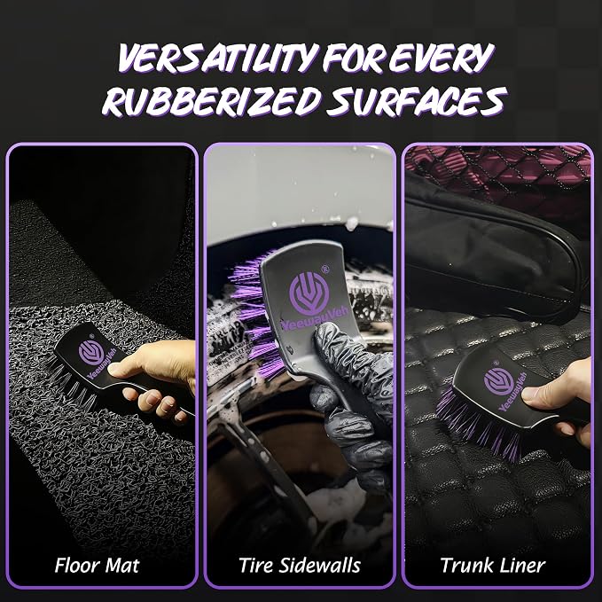 Pro Tire Cleaning Brush, Stiff Mixed Bristles Tire Cleaner, Short Handle Scrub Brush for Cleaning Sidewalls, Rubber Mats & Wheels, Anti-Deformation Tyre Detailing Tool, Purple/Black
