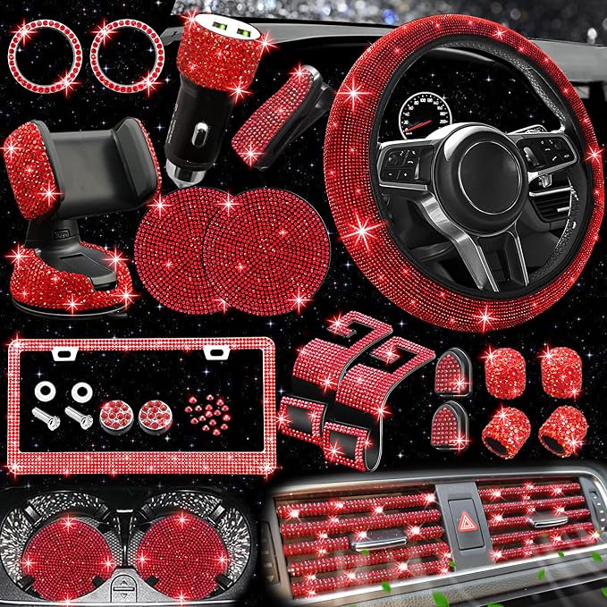 27 PCs Red Bling Car Accessories Set for Women, Steering Wheel Covers Universal Fit 15 Inch, Bling License Plate Frame, Bling Phone Holder, Bling Car Coasters (Red Diamond)