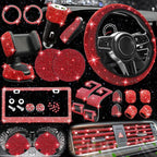 27 PCs Red Bling Car Accessories Set for Women, Steering Wheel Covers Universal Fit 15 Inch, Bling License Plate Frame, Bling Phone Holder, Bling Car Coasters (Red Diamond)