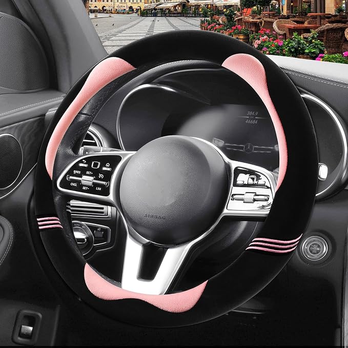 Furry Cute Soft Steering Wheel Cover 15 inch Black with Pink | Fluffy Short Plush Car Accessories, Non-Slip Cold-Proof Sweat-Proof Colorfast, Universal 14.5 inch to 15 inch