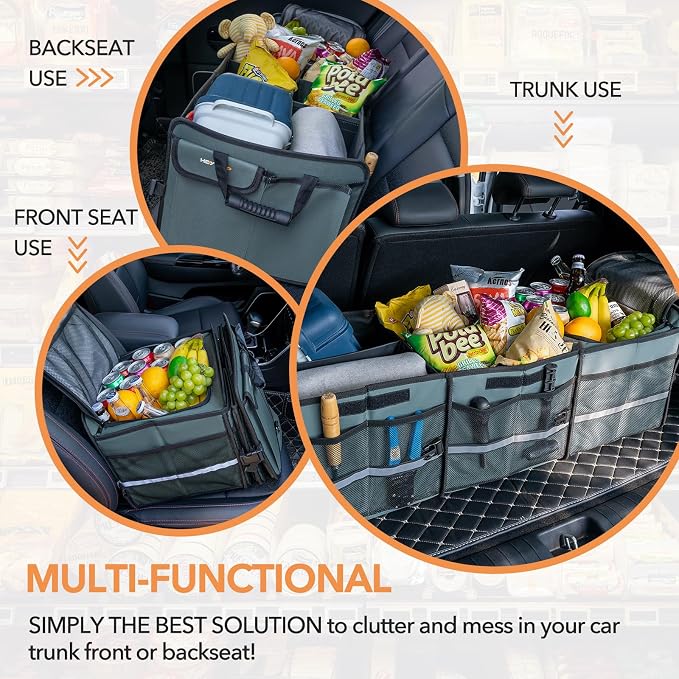 Large Trunk Organizer With Built-in Leakproof Cooler Bag, 2 Tie-Down Straps, 4 Removable Dividers, Foldable Cover, Built with 2mm PE Board, Gray