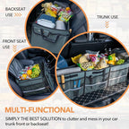 Large Trunk Organizer With Built-in Leakproof Cooler Bag, 2 Tie-Down Straps, 4 Removable Dividers, Foldable Cover, Built with 2mm PE Board, Gray
