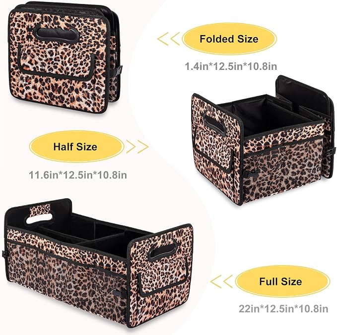 Car Trunk Organizer, Car Organizers and Storage Collapsible Multi Compartment Container Box, Adjustable Car Accessories for SUV Sedan Truck, Standard Size, Leopard print