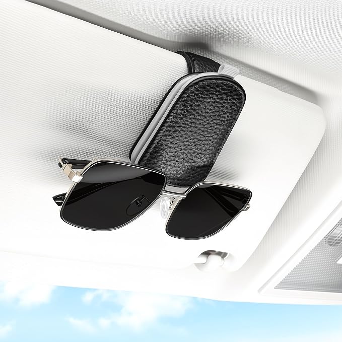 Sunglasses Holder for Car, Leather Magnetic Buckle Sun Visor Sunglass Clip, Ticket Card Storage Glasses Clip, Car Interior Accessories for Men and Women（Black-Gray）