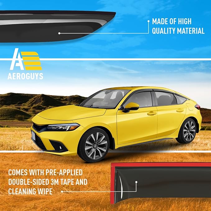 Extra Durable Window Deflectors Tape-On Window Visors Rain Guards Fit for Honda Civic 2022-2026 Hatchback, Sun Visors, Wind Vent for Shades, Exterior Car Accessories - 6pcs. AG0496