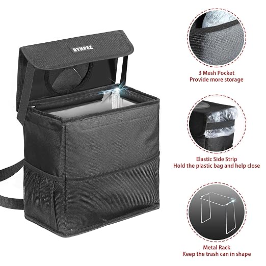 Car Trash Can with Lid - Car Accessories for Women Men, Vehicle Trash Bin Storage Bag, Truck Garbage Can Foldable with Metal Rack Support for Back Seat Hanging (2.4 Gallon/9L)