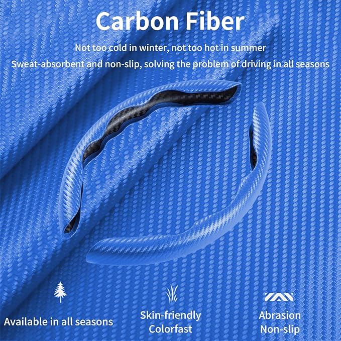 2Pc Carbon Fiber Steering Wheel Cover Universal Fit 99% Cars | Non-slip soft grip, easy to wipe clean, quick to install, perfect for daily commutes and road trips, Blue