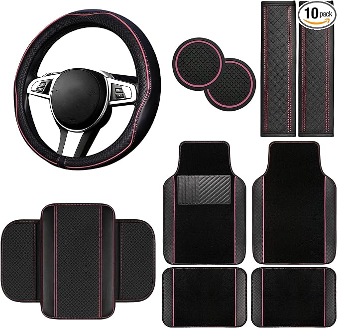 10 Pcs Car Floor Mats Full Set Car Accessories, Microfiber Leather Steering Wheel Covers 14.5-15 inch, Center Console Cover, Seat Belt Pads, Cup Coasters, Universal Interior Decor(Pink)