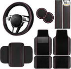 10 Pcs Car Floor Mats Full Set Car Accessories, Microfiber Leather Steering Wheel Covers 14.5-15 inch, Center Console Cover, Seat Belt Pads, Cup Coasters, Universal Interior Decor(Pink)