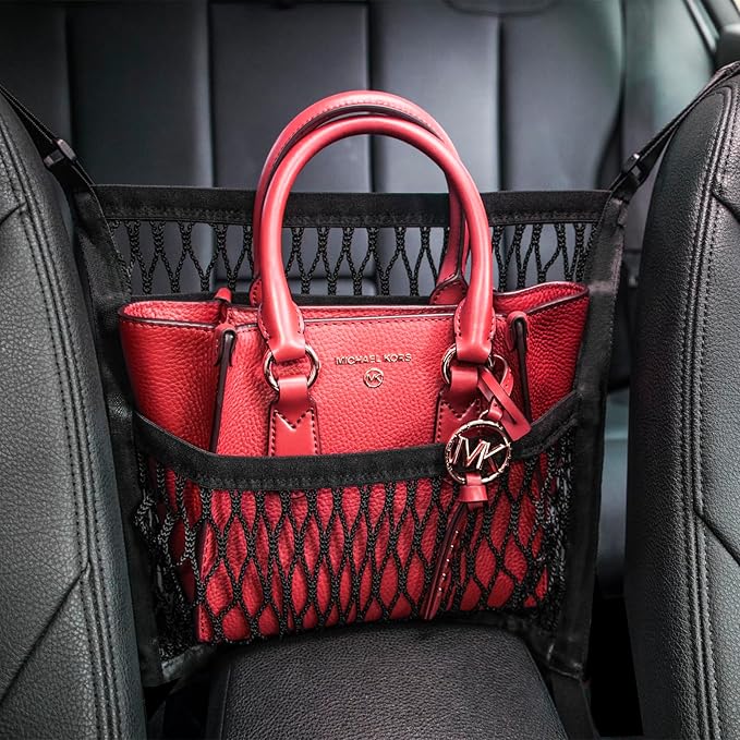 Car Organizer Between Front Seats, Purse Holder, Dog Barrier, Mesh Net Bag | Car Accessories, 3 Layers Net 2 Pockets Storage Bag, Purse Handbag Holder, Backseat Kid Pet Barrier, Black, Patented