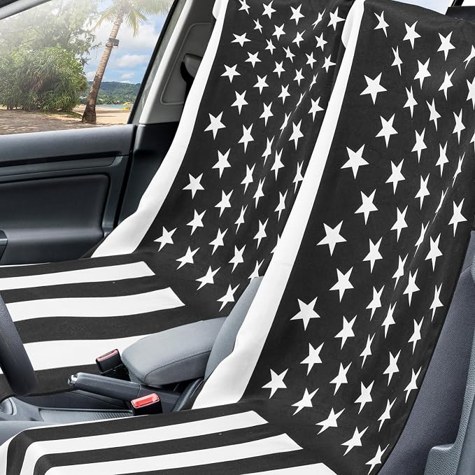 Car Seat Towel Covers with Storage Bag, 63 x 32 Inch Universal Non Slip Waterproof Sweat Protector for Car Truck, Gym Swimming Running, Machine Washable(2 Pack,Black White American Flag)