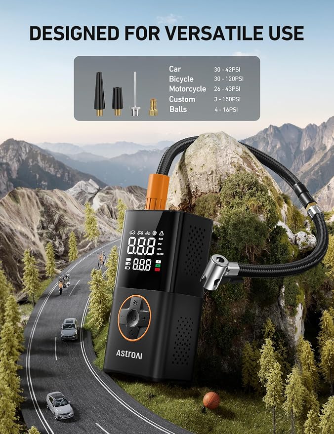 L7 Tire Inflator Portable Air Compressor,150 PSI Cordless Mini Air Bike Auto Shut-Off Pump with Digital Display Pressure Gauge, Fast Inflation & LED Light for Car Tires,Motorcycles,Bikes,Balls