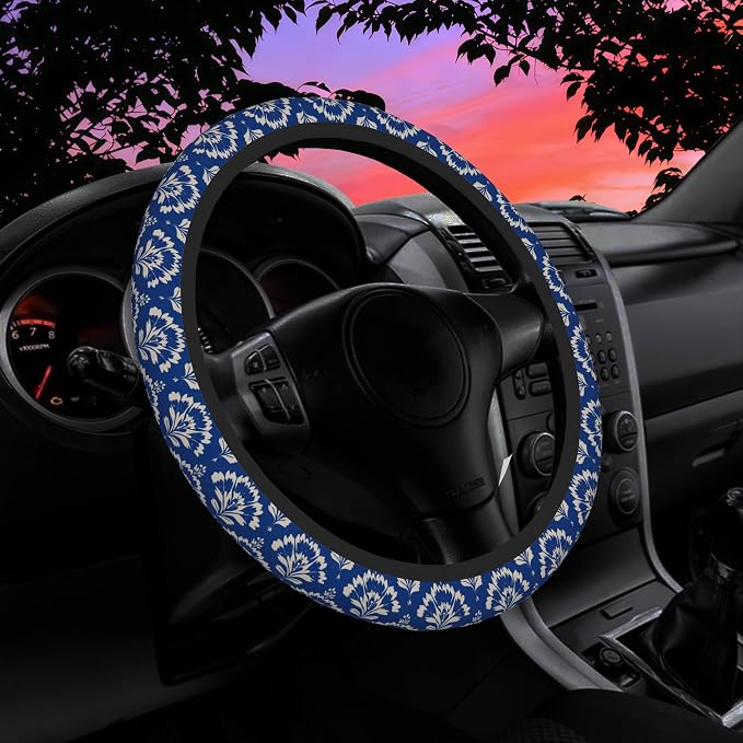 Blue Damask Flower Steering Wheel Cover for Women Men Neoprene Breathable Wheel Cover Protector Anti-Slip Car Accessories Universal 15 Inch Fit for Cars Trucks Vehicles
