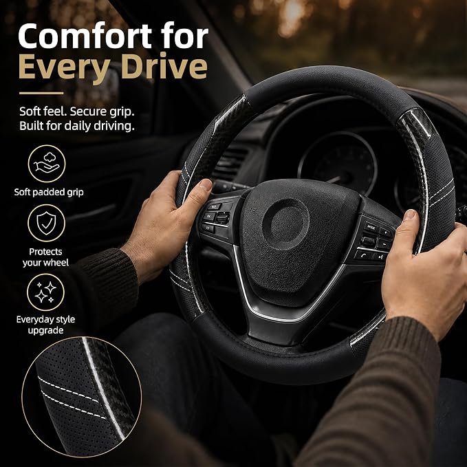 Sport Leather Steering Wheel Cover 14 1/2 inch to 15 inch Universal, Padded Soft Grip Breathable for Car Truck SUV Jeep, Anti Slip Odorless Carbon Fiber Black