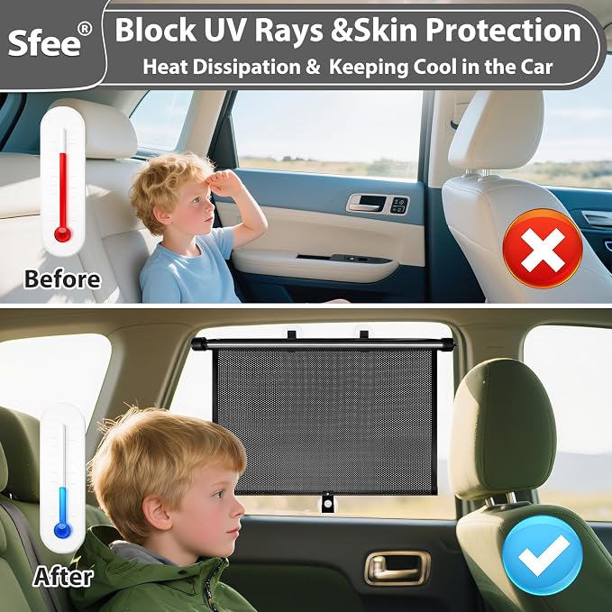 Car Window Shades for Baby-2 Pack Retractable Side Window Car Sun Shade Blocks UV Rays & Heat for Sun Protection Roller Sunshade Visor Window Shade for Kids,Passengers,Pets (20' x22'')