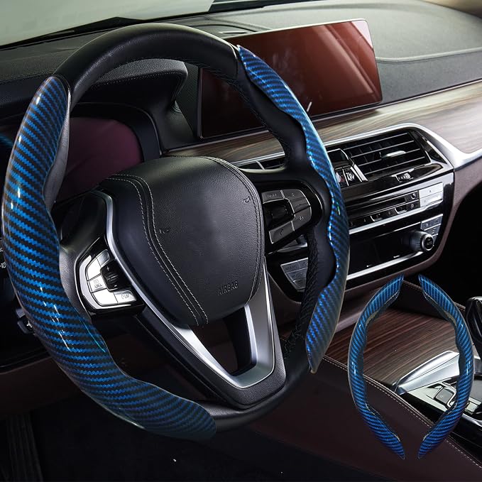 2pcs Car Steering Wheel Cover,Anti-Skid Carbon Fiber Steering Wheel Protector for Men Women,Multiple Color Options,Universal for Most Car Interiors Accessories (Bright Bule)