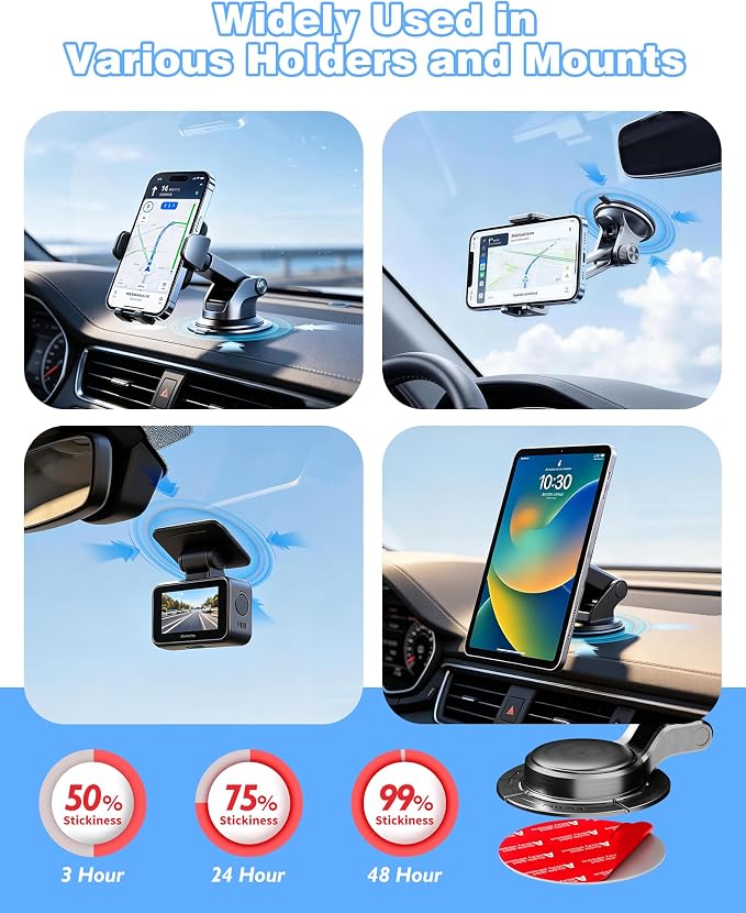 Adhesive Pads for Car Phone Mount, 4Pcs 2.76" Round Sticky Tape | Double-Sided heat resistant tape replacement. For dashboard suction cup, dash cam, GPS, windshield. With adhesion promoter.