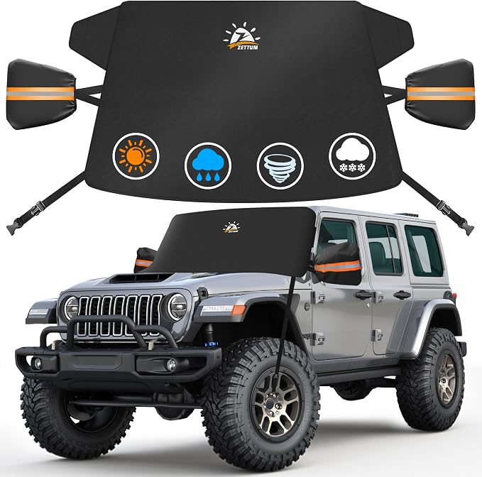 Car Windshield Snow Cover for Jeep Wrangler - 600D Car Windshield Snow Ice Cover Front Window Covers for Jeep Wrangler, Jeeps Gladiator, Ford Bronco, Toyota FJ Cruiser, Benz G Class, and More