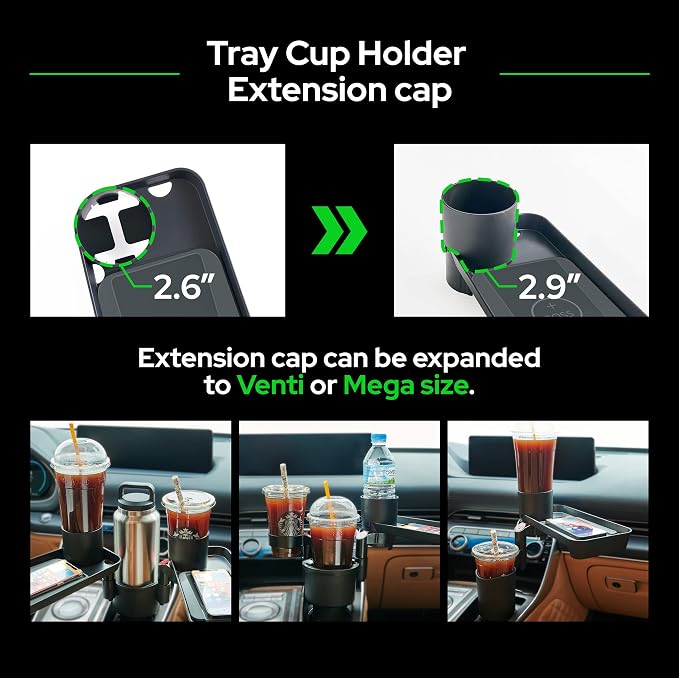 Triple Car Cup Holder Expander Attachable 2 Tray with Adjustable Base and Large Bottles