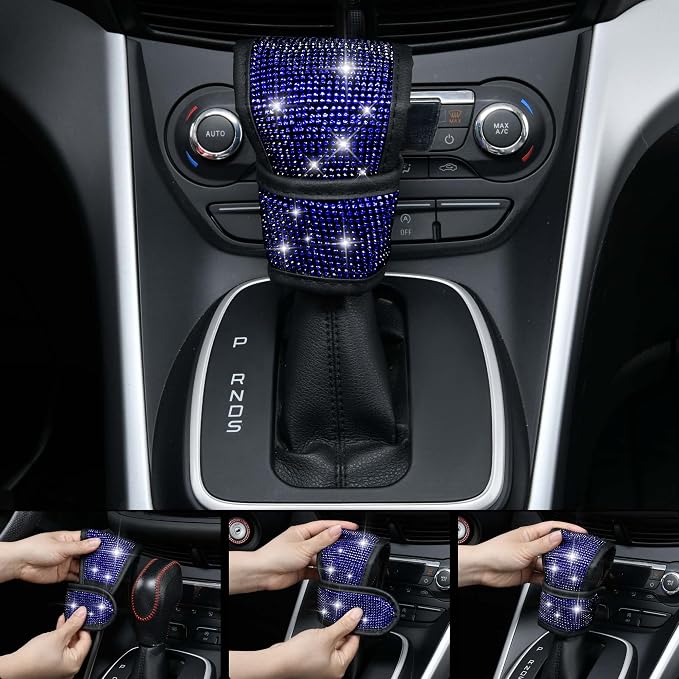 11 PCS Bling Diamond Car Accessories for Women, Sparkly Rhinestone Steering Wheel Cover, Bling Seat Belt Cushion, Glitter Shift Knob Cover, Car Cup Holder Coaster, Cute Interior Sets Blue