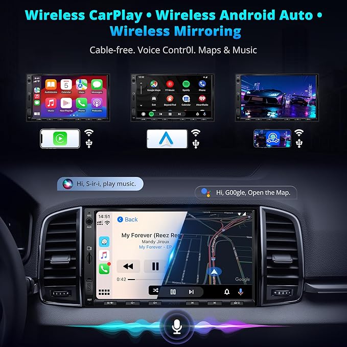 A5L 7'' Android Double DIN Car Stereo with 1080P Front Dash Cam, Wireless CarPlay & Android Auto, DSP 24-Band EQ, HDMI Out, FM/AM/SS Radio, WiFi/BT/USB Tethering, GPS Track,AI Voice Control