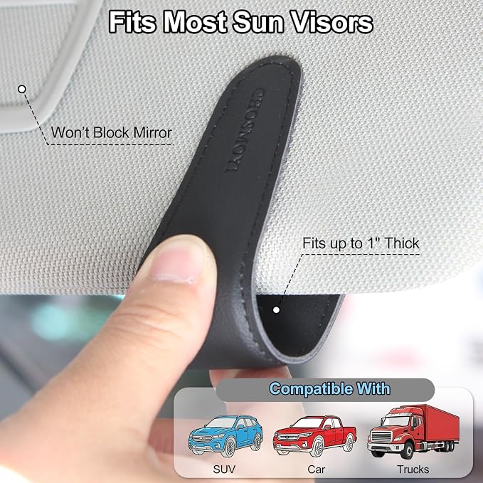CHOSMOYI 2 Packs Sunglasses Holder for Car, Sunglass Clip for Car Visor, Magnetic Leather Car Eyeglass Holder and Ticket Card Clip, Suitable for Different Size Eyeglasses(Black