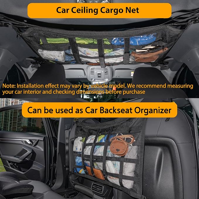 Car Ceiling Cargo Net with 3 Pockets,31.5"x21.6" Car Overhead Storage Mesh Organizer,Double Layer Roof Mesh Camping Overlanding Gear Must Haves Cargo Net,Road Trip Essentials (31.5"x 21.6")