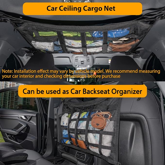 Car Ceiling Cargo Net with 3 Pockets,35.4"x23.6" Car Overhead Storage Mesh Organizer,Double Layer Roof Mesh Camping Overlanding Gear Must Haves Cargo Net,Road Trip Essentials (35.4"x 23.6")
