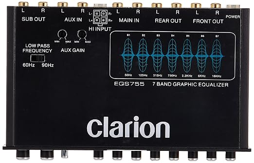 EQS755 7-Band Car Audio Graphic Equalizer with Front 3.5mm Auxiliary Input, Rear RCA Auxiliary Input and High Level Speaker Inputs, BLACK