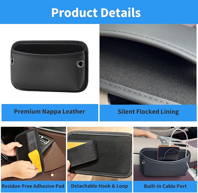 Car Seat Side Pocket Organizer, Nappa Leather Car Trunk Pouch Organizers and Storage, Small Car Side Seat Storage Bag for Auto Front Seat Back Seat Door Console Phone Sunglasses Cards Pen (Black-1PC)