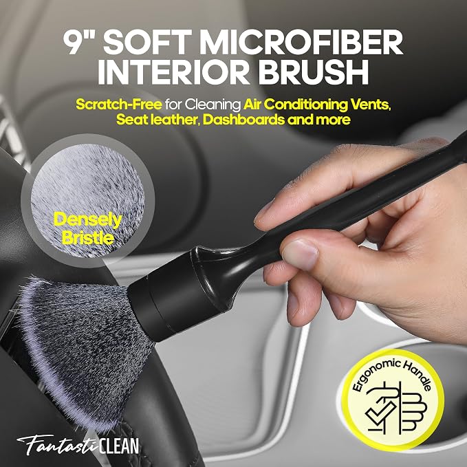9PC Car Detailing Kit，Boars Hair Brush，Horse Hair Bristle，Suede-Coral Cloth，Car Dust Brush，Microfiber Towel & Applicator，Scratch-Free & Ultra-Soft for Leather, Seats & Interior Cleaning