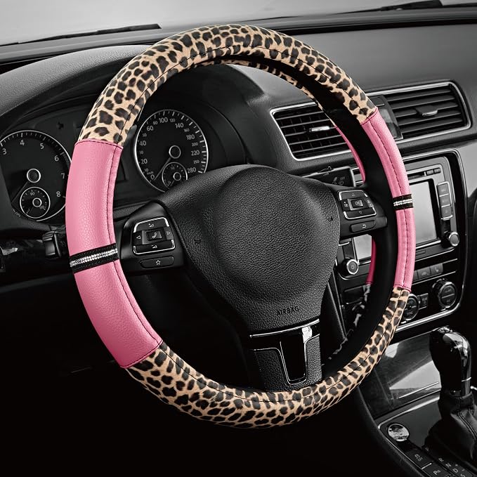 Leopard Steering Wheel Cover for Women, Cute Anti-Slip Microfiber Leather, Universal Fit 14.5-15 Inch Round Steering Wheel - Pink