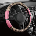 Leopard Steering Wheel Cover for Women, Cute Anti-Slip Microfiber Leather, Universal Fit 14.5-15 Inch Round Steering Wheel - Pink
