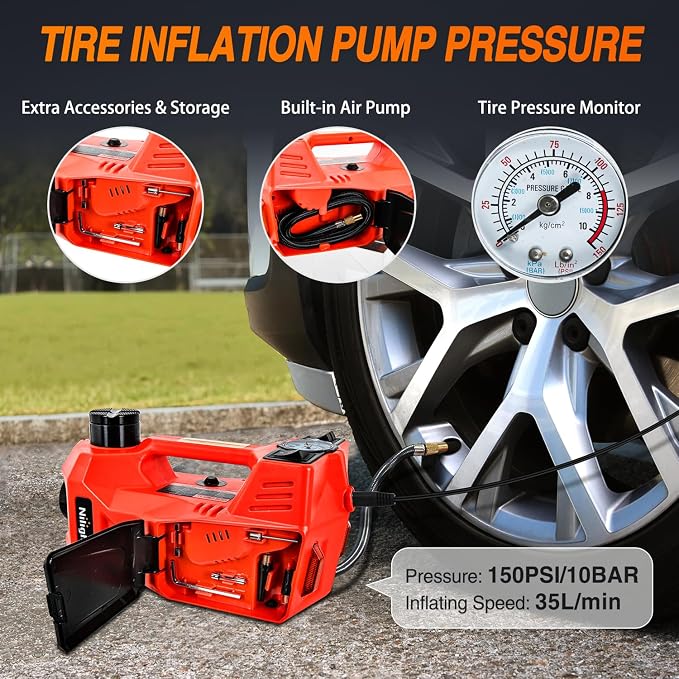 Electric Car Jack Kit 5 Ton 12V Hydraulic Car Jack with Impact Wrench, 3 in 1 Portable Electric Floor Jack with Tire Inflator Pump LED Light for Sedan SUV Truck Change Tire Garage Repair