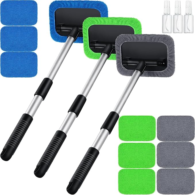 3 Set Windshield Cleaner Tool Inside Car Window Cleaner Tool with 3 Extendable Handle 9 Reusable Microfiber Pads and 3 Spray Bottles for Auto Home Interior Exterior Glass Cleaning (Multicolor)
