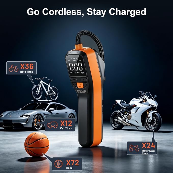 CAP02 Tire Inflator Portable Air Compressor, Fast Inflation Bike Pump with Digital Pressure Gauge and LED Light, 150PSI Portable Air Pump for Car Tires, Motorcycle, Bike, Ball