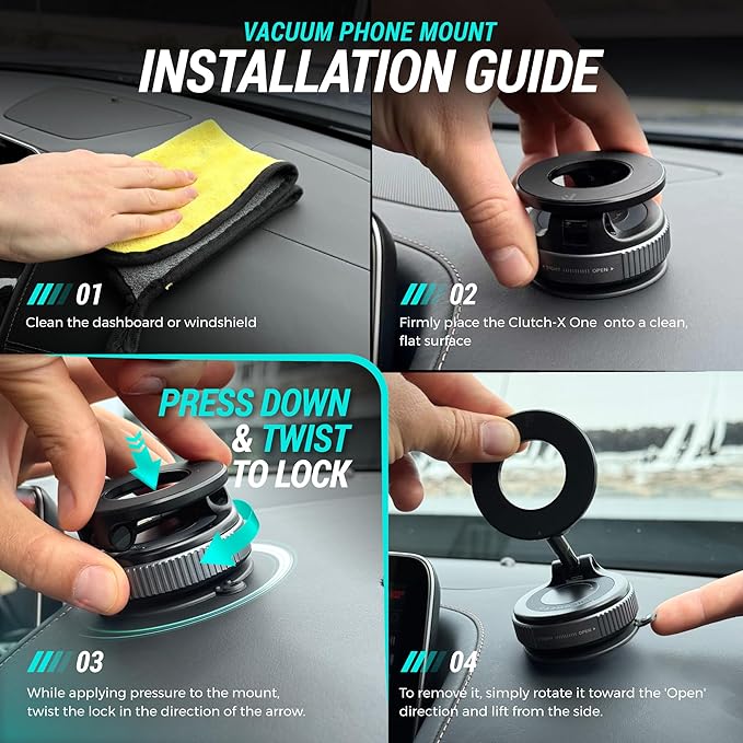 Clutch-X™ Black – Vacuum Phone Mount Suction Cup Car Phone Holder for iPhone, Window Phone Mount for Travel, 360° Vacuum Magnetic Phone Holder for Car, Magnetic Phone Holder with Suction Cup