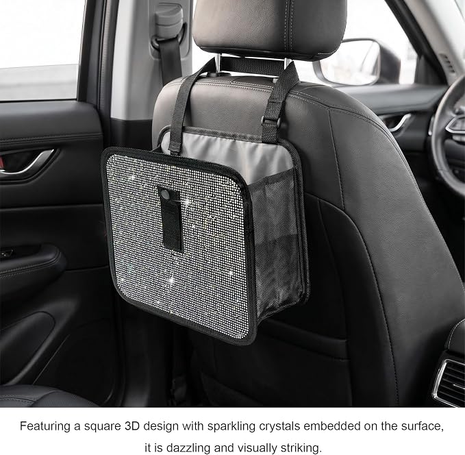 Bling Car Trash Can with Rhinestone, Sparkling Foldable Auto Garbage Container Hanging Back Seat Organizer, Crystal Dustbin Leakproof Garbage Can for Vehicle Home Office (Colorful)