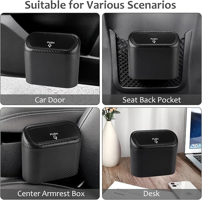 Car Trash Can with Lid, Mini Vehicle Trash Bin Portable Car Dustbin Garbage Organizer Holder with One Roll Trash Bag, Small Hanging Leakproof Auto Storage Bag Container (Carbon Fiber)