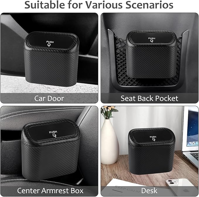 Car Trash Can with Lid, 2 Pack Mini Vehicle Trash Bin Car Dustbin Garbage Organizer Holder with Trash Bag, Small Hanging Leakproof Auto Storage Bag Container (Carbon Fiber)