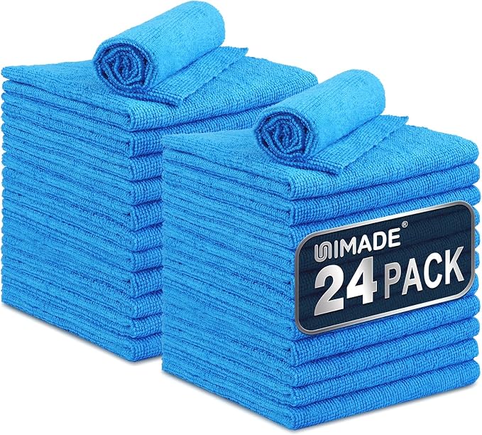 Microfiber Cleaning Cloth, 24 Pack Reusable Microfiber Towels for Cars Lint Free Cleaning Shop Towel Rags for Home Kitchen Automotive Bar Mechanic Restaurant Garage, 11"x 12", Blue