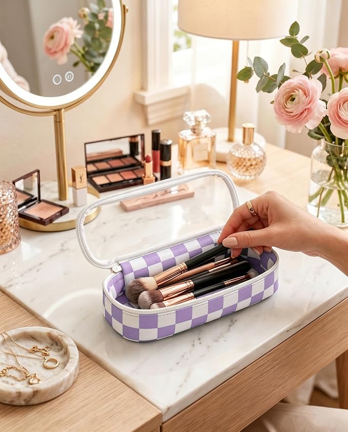 Preppy Checkered Clear Travel Makeup Brush Holder,Purple and Beige Checkered Makeup Brush Toiletry Bag,Portable Cosmetic Brush Case,Transparent Waterproof Makeup Brush Storage Bag
