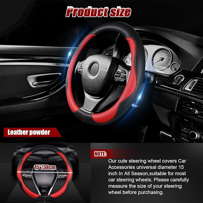 Steering Wheel Cover, Anti Slip Breathable Comfort PU Imitation Leather Cute Car Accessories for Women Girl, Universal Protector in All Season 15 inch Fit Most Car(Red)
