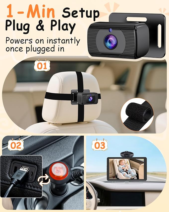 Baby Car Camera 7.2-Inch Monitor: 1080P HD Rear Facing Infant Backseat Camera with Night Vision 360° Rotation Wide Angle USB Plug & Play Anti-Glare Screen for Safe Driving F25