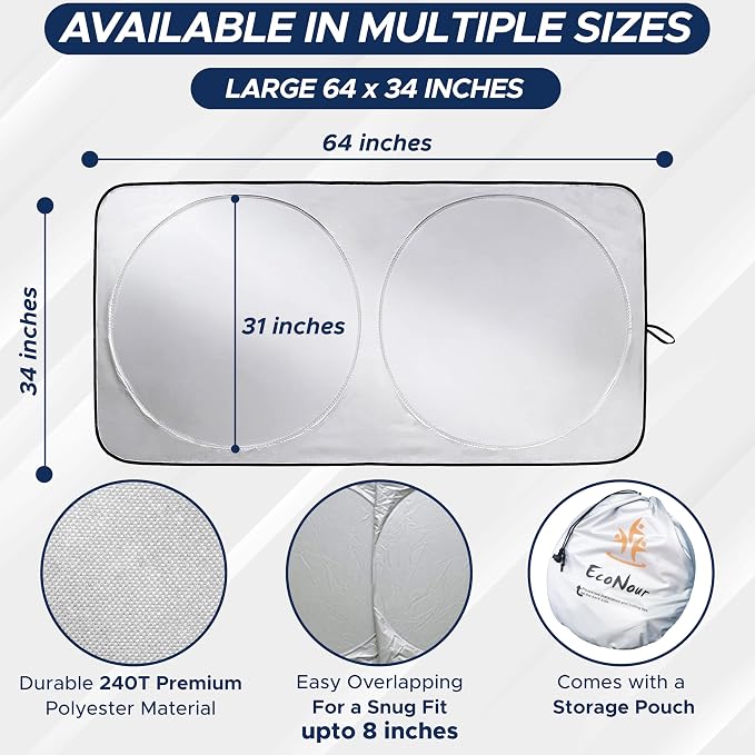 Car Front Windshield Sun Shade for Car | SUV Accessories for Maximum Sun and Heat Protection | UV-Blocking Windshield Dash Cover & Sun Visor for Cooler Interior | Large (64 x 34 Inches)
