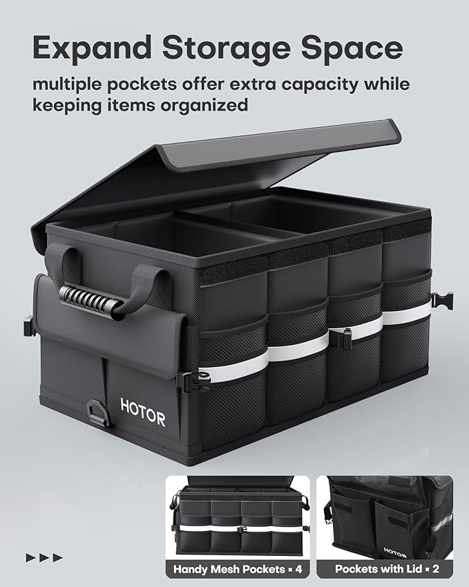 Car Trunk Organizer - Foldable Trunk Organizer for SUV, Car Storage with Reflective Strips & Securing Cover, Large Capacity Car Accessories for Truck, Van & Sedan, Black, 24.4" x 13.8" x 11.0"