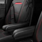 Leather Car Seat Cover Full Set with Steering Wheel Cover and 2PCS Seat Belt Shoulder Pads,for Trucks and SUV with Built-in Seatbelts and Front Seat Side Armrests(Combo Set, Black and Red)