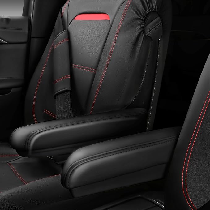 Leather Car Seat Cover Full Set with Steering Wheel Cover and 2PCS Seat Belt Shoulder Pads,for Trucks and SUV with Built-in Seatbelts and Front Seat Side Armrests(Combo Set, Black and Red)