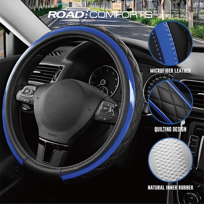 Leather Steering Wheel Cover – Black & Blue, Universal Fit 14.5-15 Inch, Microfiber Leather, Anti-Slip & Breathable Design for Men and Women